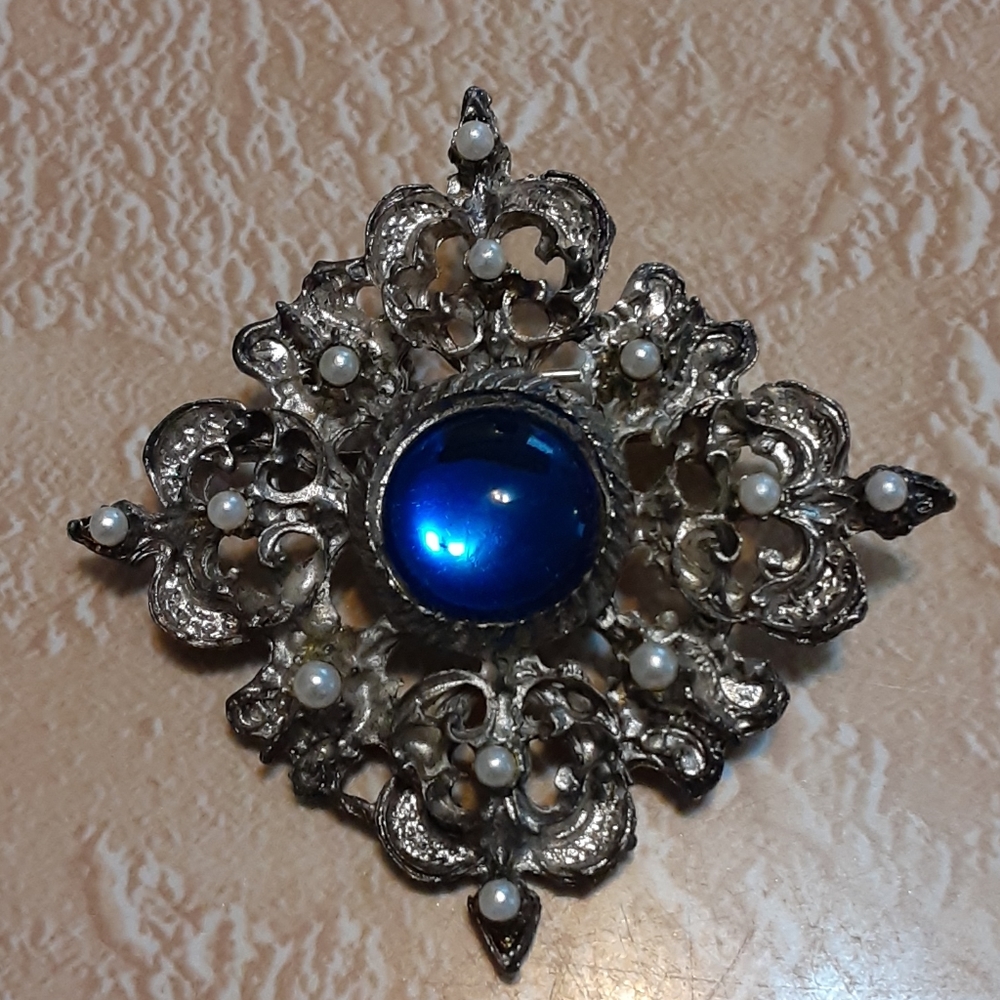 Vintage Estate Faux Pearl Blue Cabochon Brooch Pin